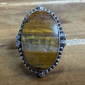 Vintage Style Genuine Tigers Eye Gemstone Ring Size 8.5 Silver 925 Plated Boho